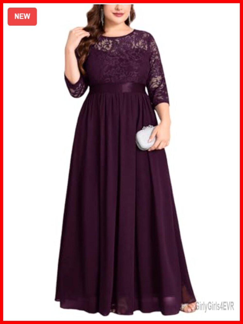 Plus Size Formal Lace Chiffon Dress 3/4 Sleeve Maxi Evening Gown